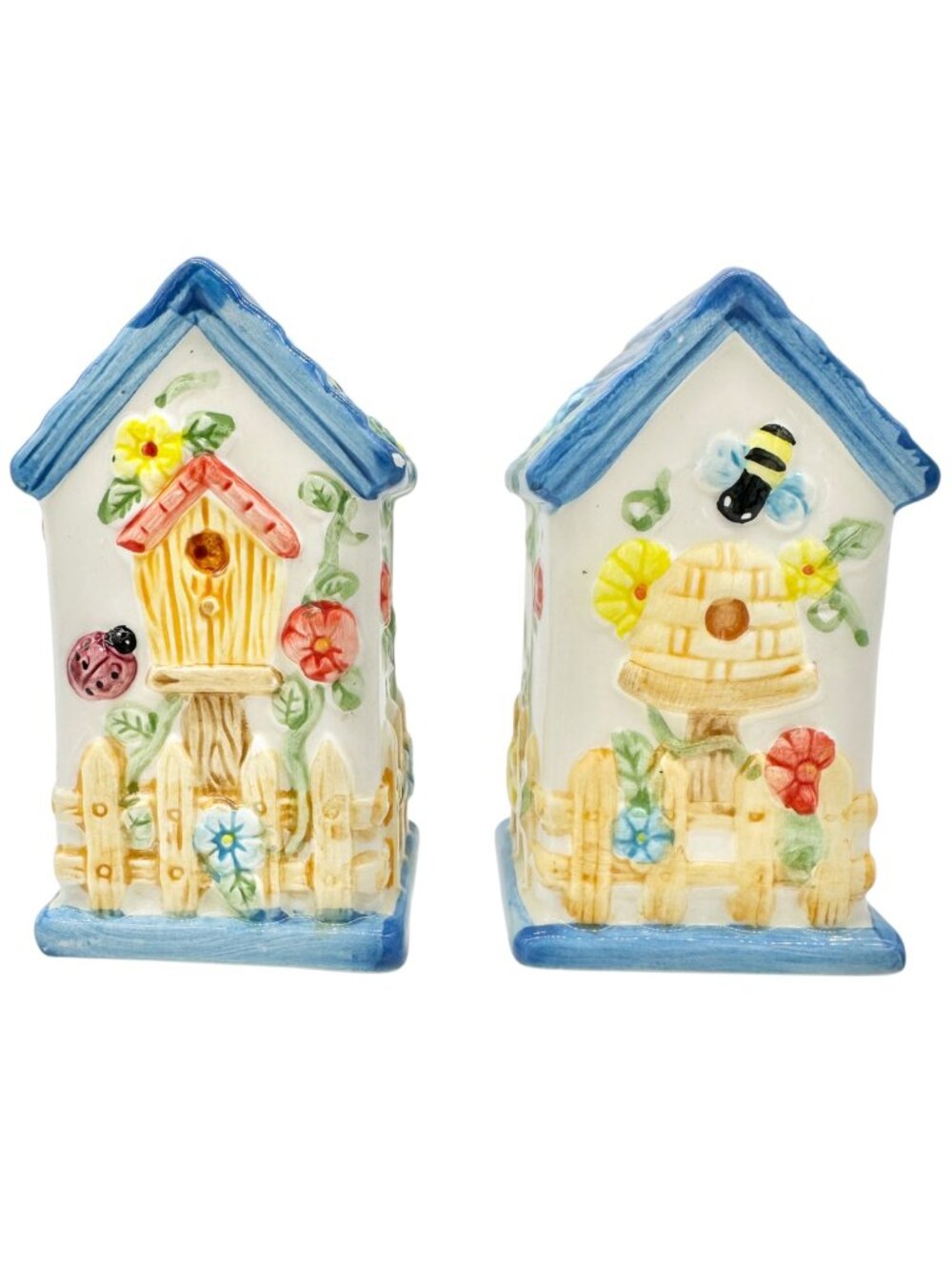 Birdhouse Salt and Pepper Shakers Hand Painted Ceramic Bee Ladybug Florals 3.5"H